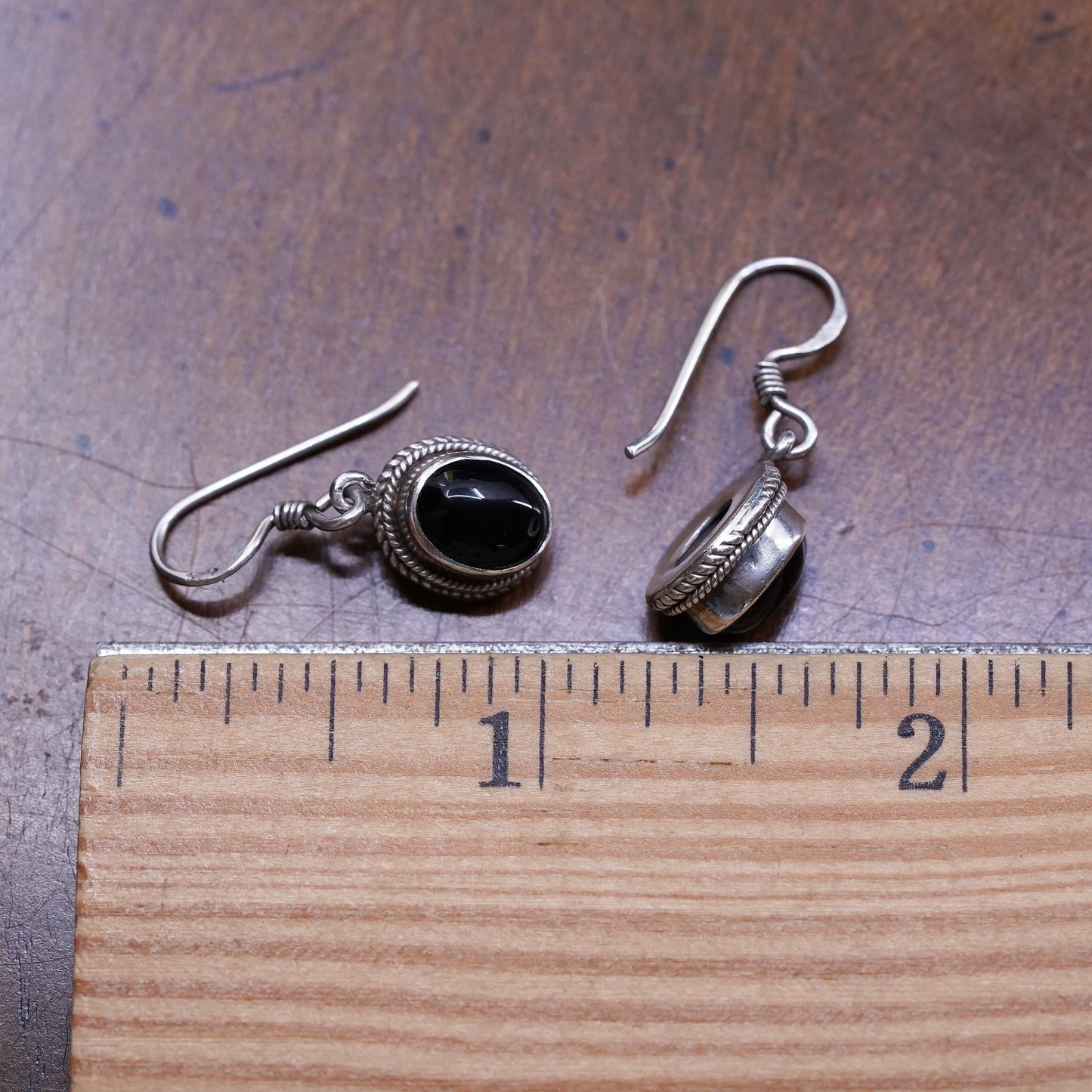 Vintage Sterling 925 Silver Handmade Earrings with oval onyx and cable around