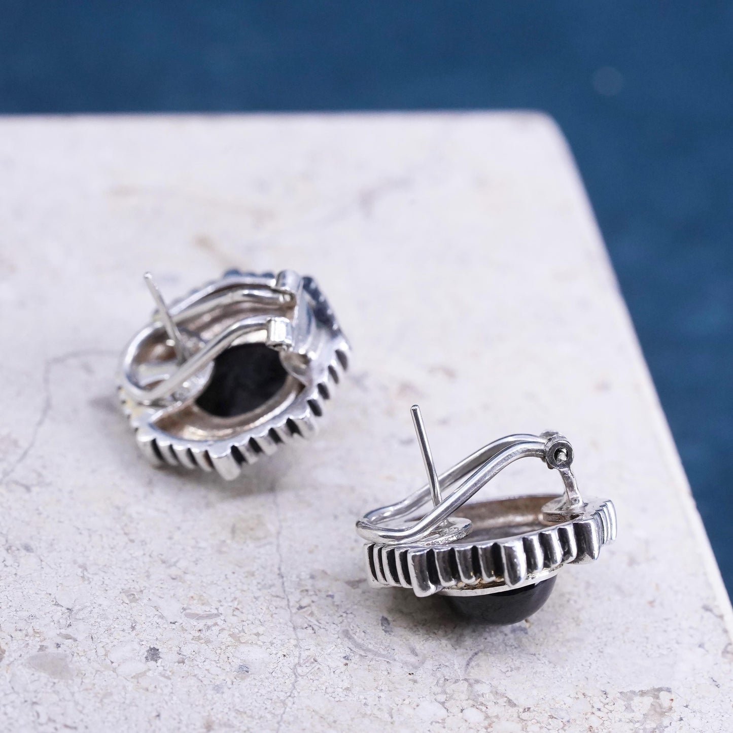 sterling silver earrings, 925 studs with onyx inlay and 14K yellow gold cable