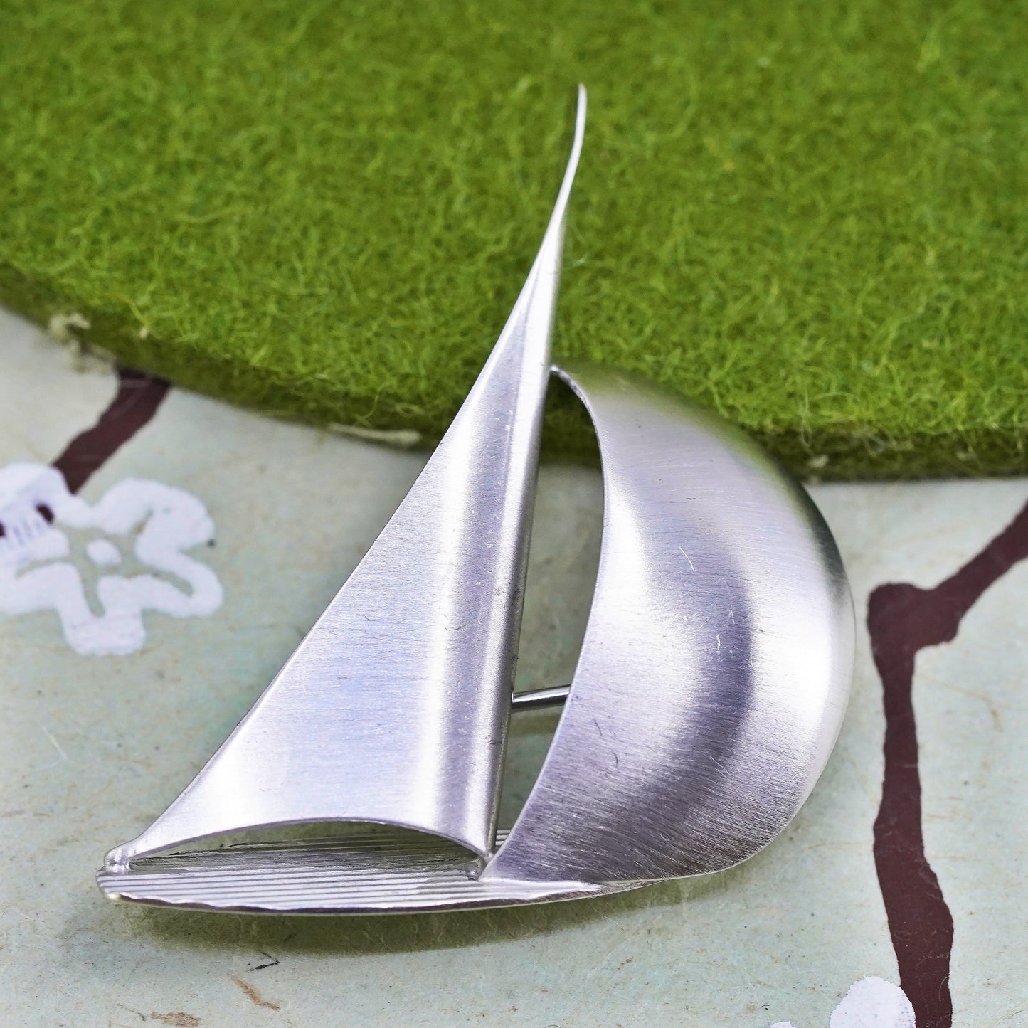 Vintage sterling silver handmade pin, matte 925 sailing boat brooch