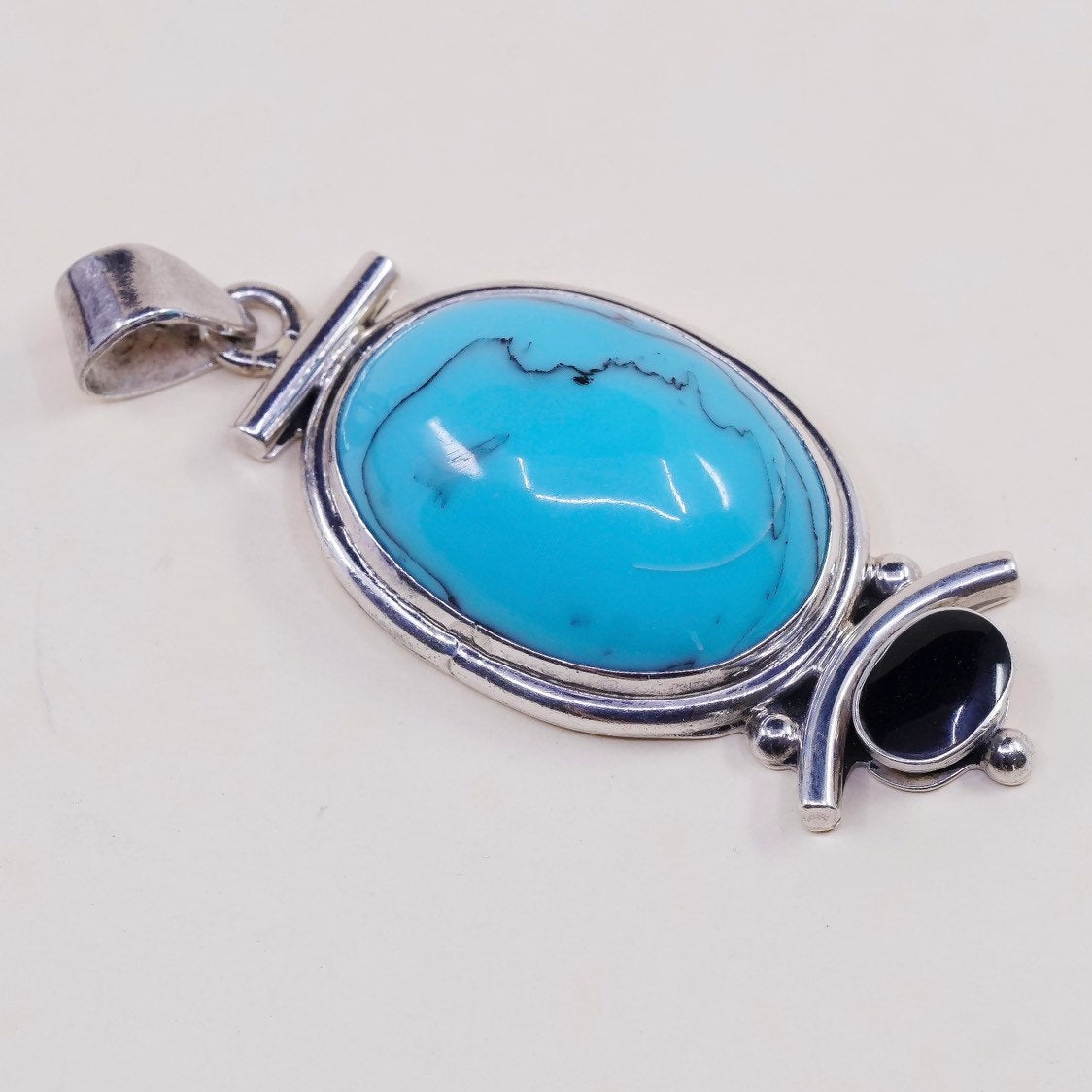 VTG sterling silver handmade pendant, Mexico w/ huge turquoise n obsidian