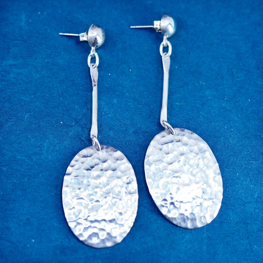 Vintage Mexican Royal Caro 925 Silver Dangle Earrings Oval Hammered 3 Inch Drop