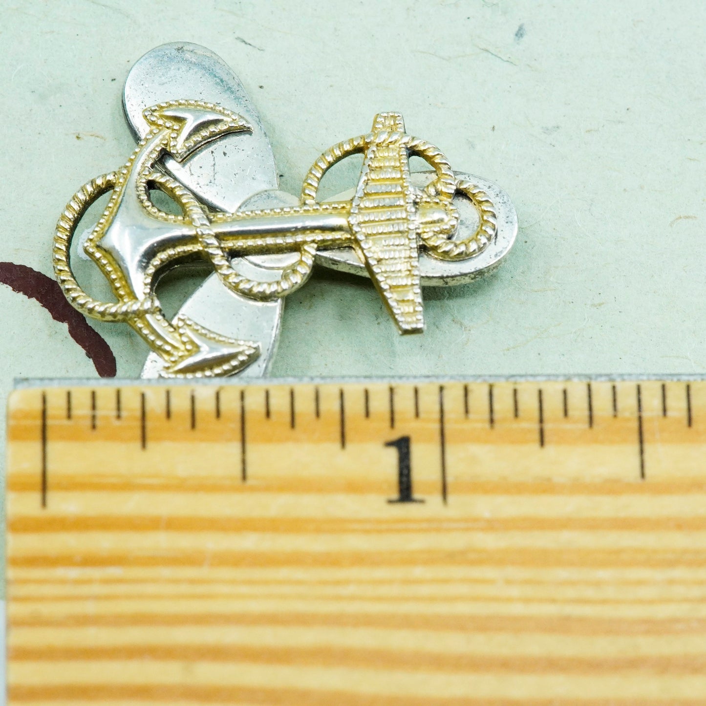 Vintage two tone sterling silver handmade brooch, 925 marine ship anchor pin