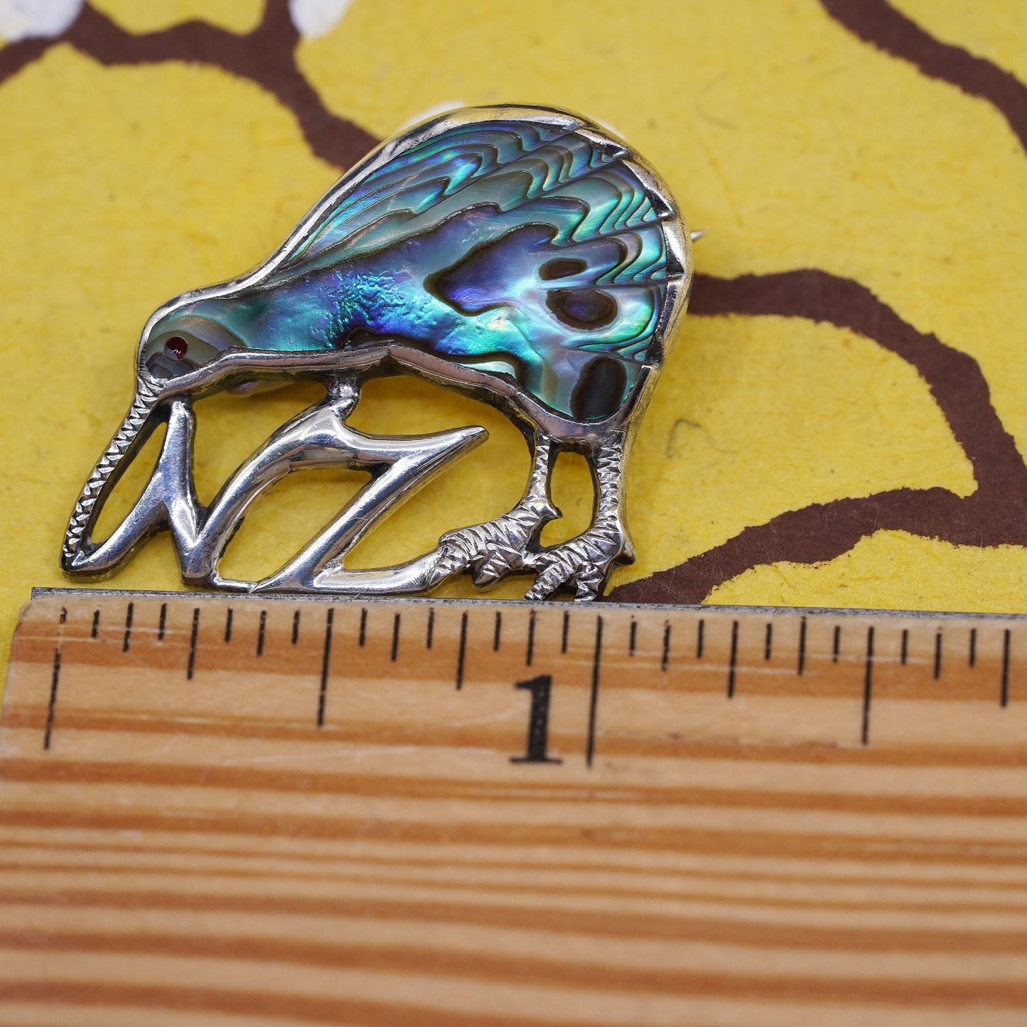 antique southwestern sterling 925 silver kiwi bird brooch with abalone inlay