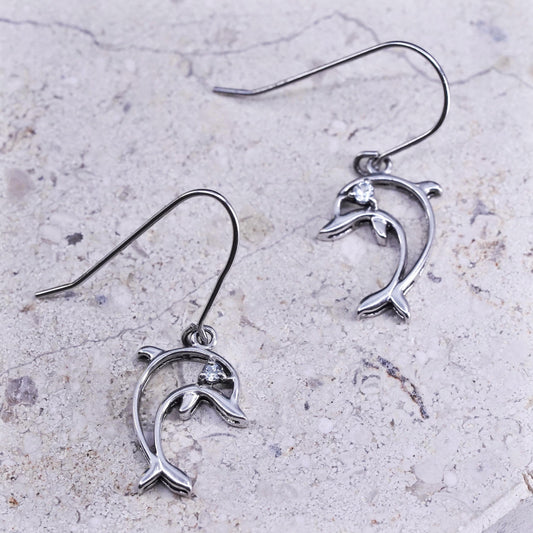 Vintage sterling silver dolphin earrings, 925 silver dolphin with cz