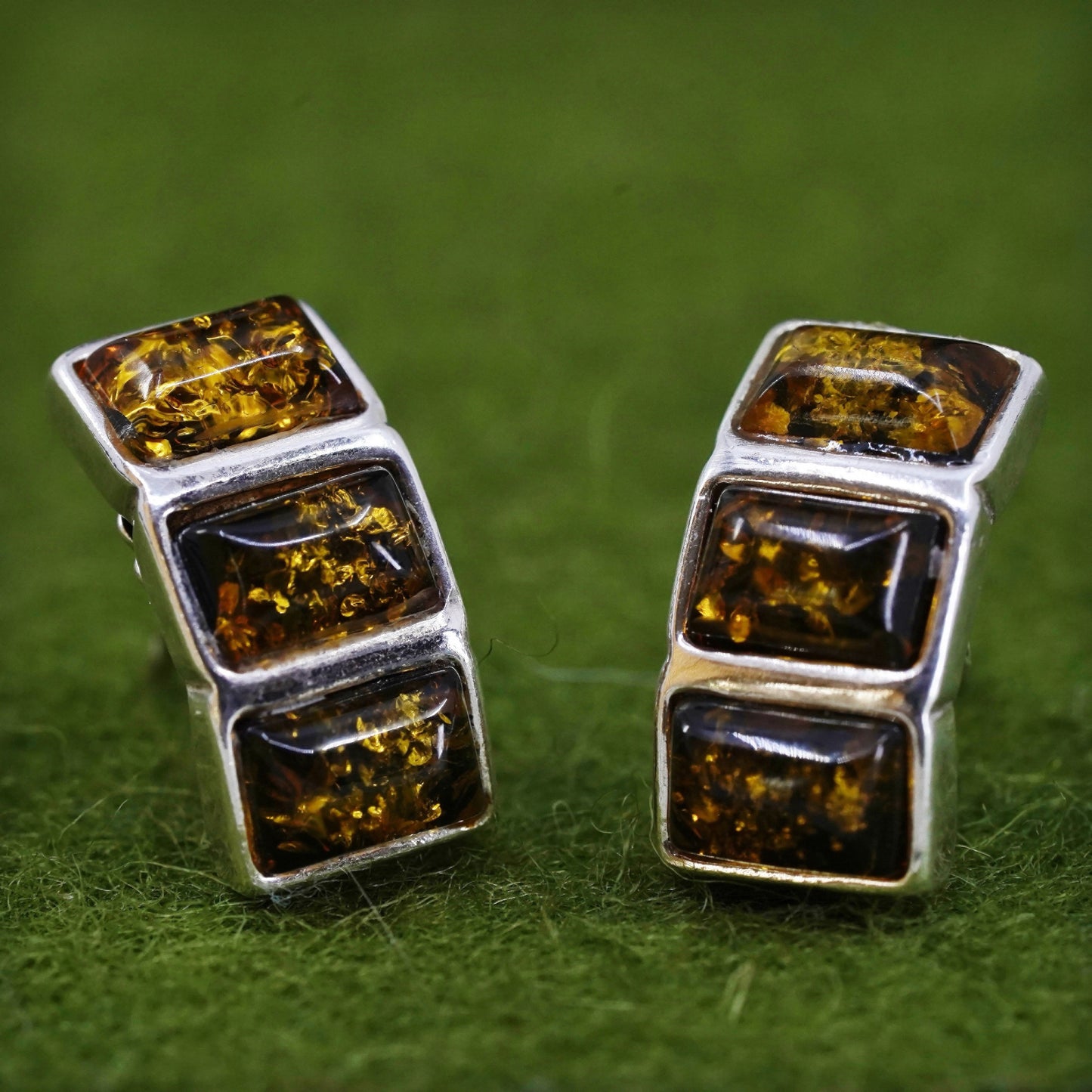 Vintage Sterling 925 silver handmade earrings huggie studs with amber