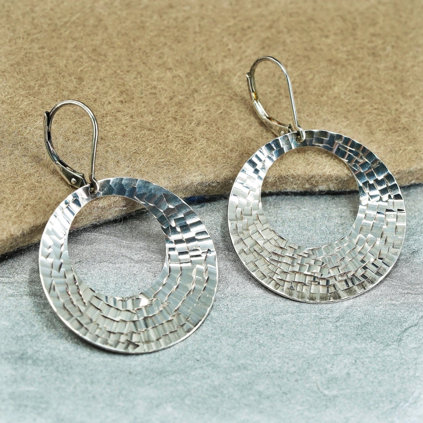 vintage Sterling silver handmade earrings, 925 hammered disc dangles