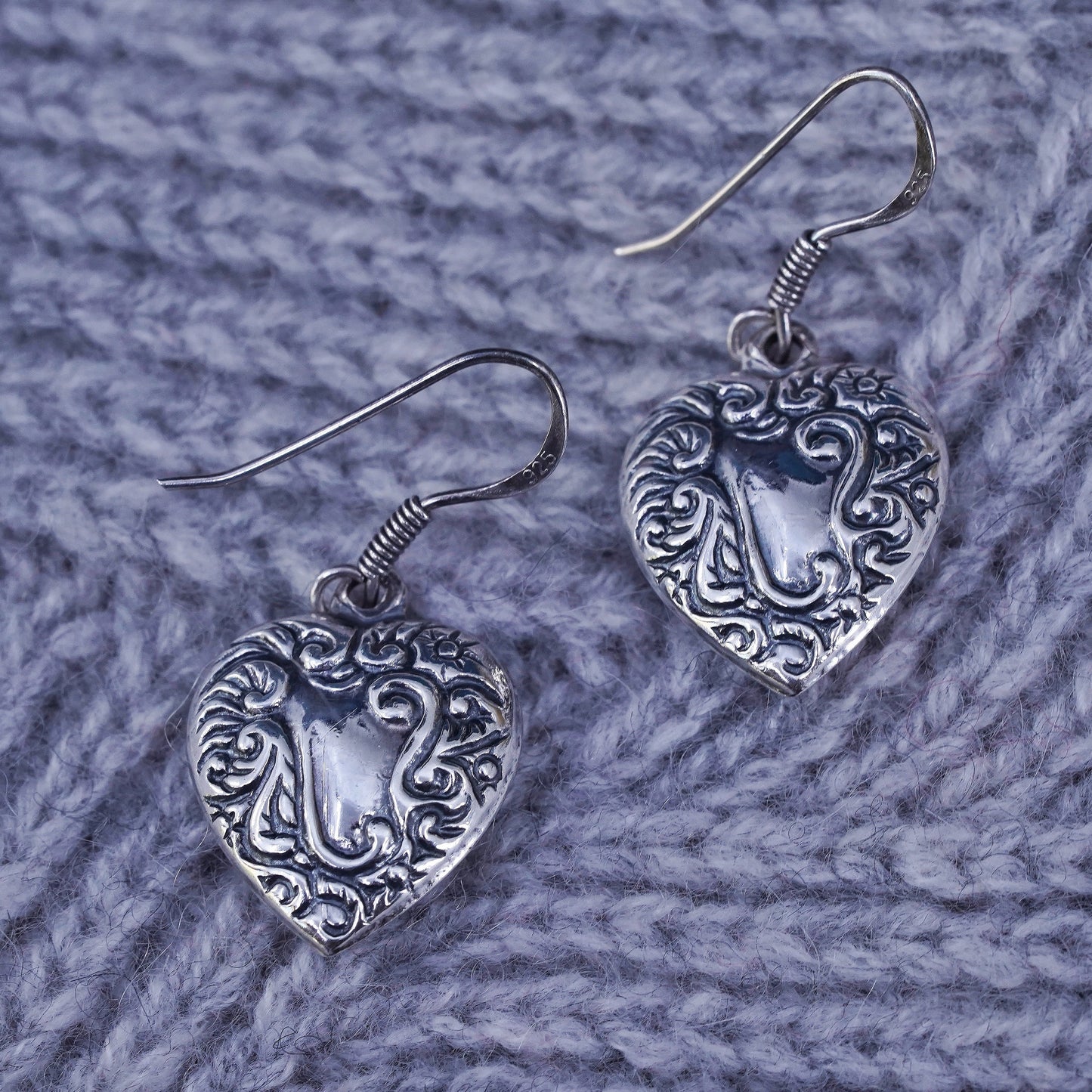 southwestern sterling silver handmade earrings, 925 textured heart dangles