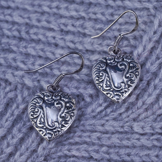 southwestern sterling silver handmade earrings, 925 textured heart dangles