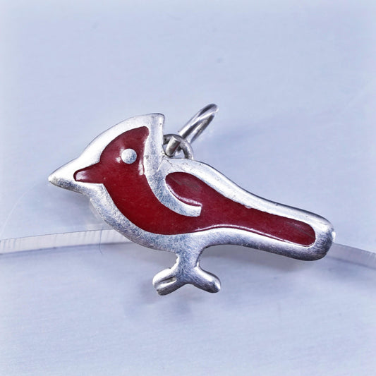 Vintage Sterling silver 925 handmade bird pendant, red bird charm