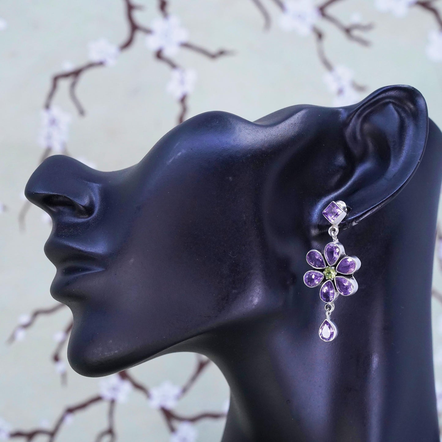 Vintage sterling 925 silver flower earrings with peridot and amethyst, earrings