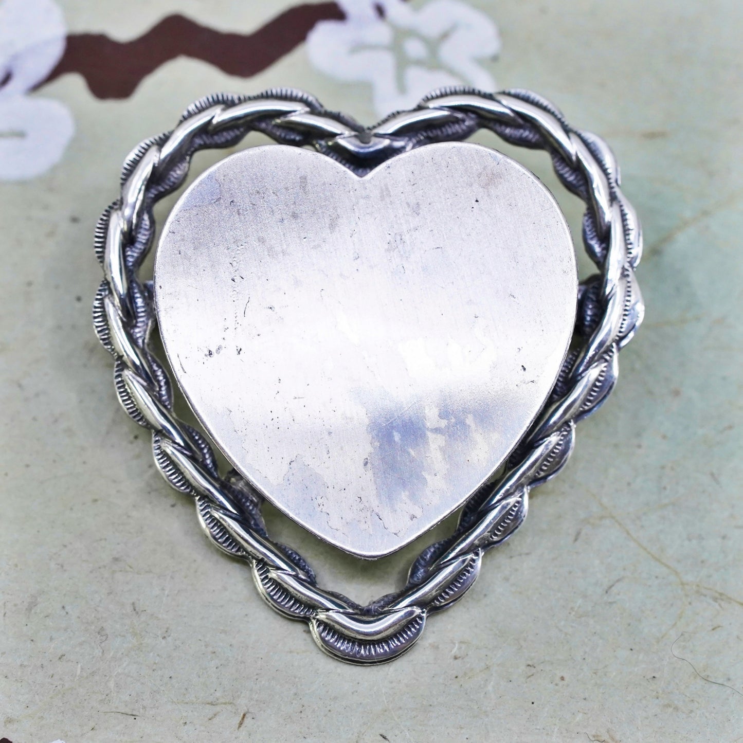 Vintage Beau Sterling silver handmade brooch, blank 925 silver heart pin