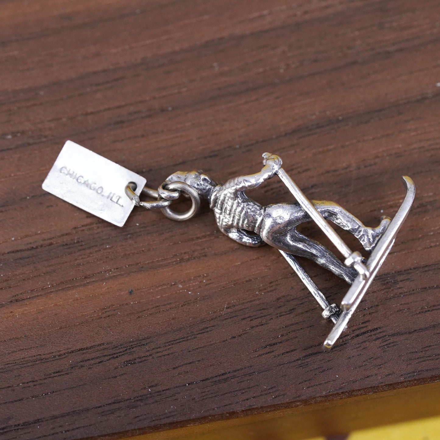 Vintage world traveler Sterling silver pendant, 925 snow skiing figure charm