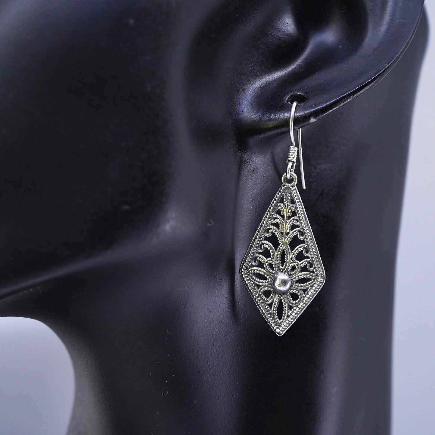 Vintage Sterling 925 silver handmade diamond shaped filigree earrings