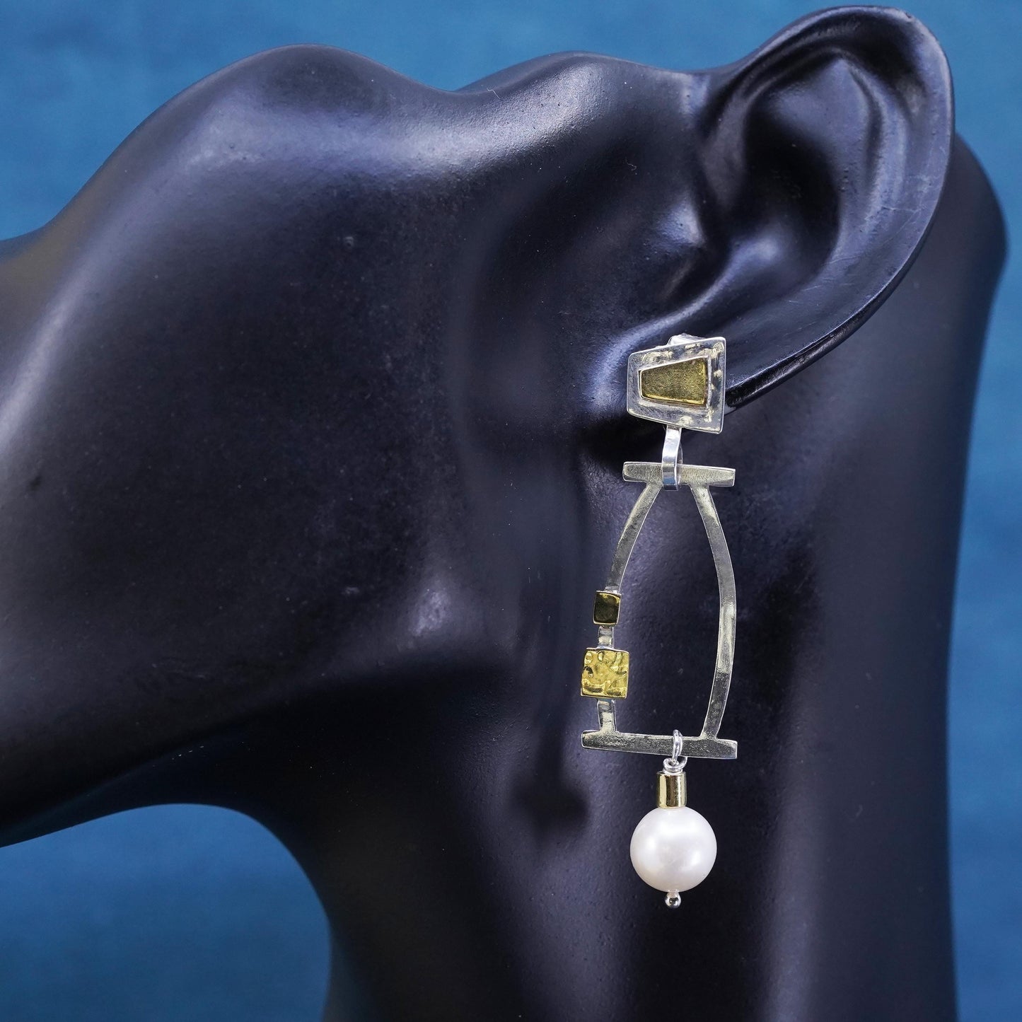 two tone sterling silver earrings, modern 925 silver with brass disc and pearl