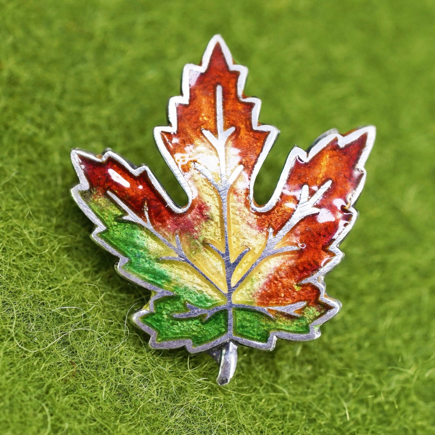 Vintage Sterling silver handmade brooch, 925 enamel maple leaf pin