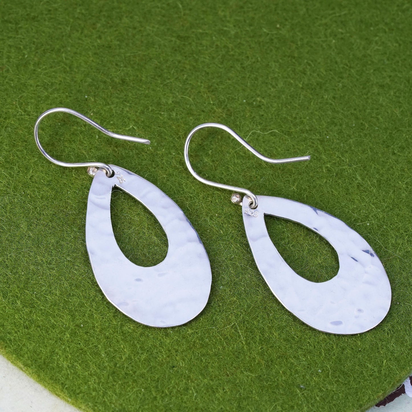 Vintage sterling silver handmade earrings, 925 teardrop with hammered texture