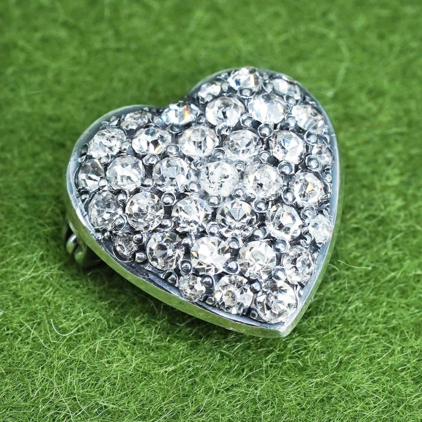 Vintage sterling silver handmade brooch, 925 heart with cluster cz