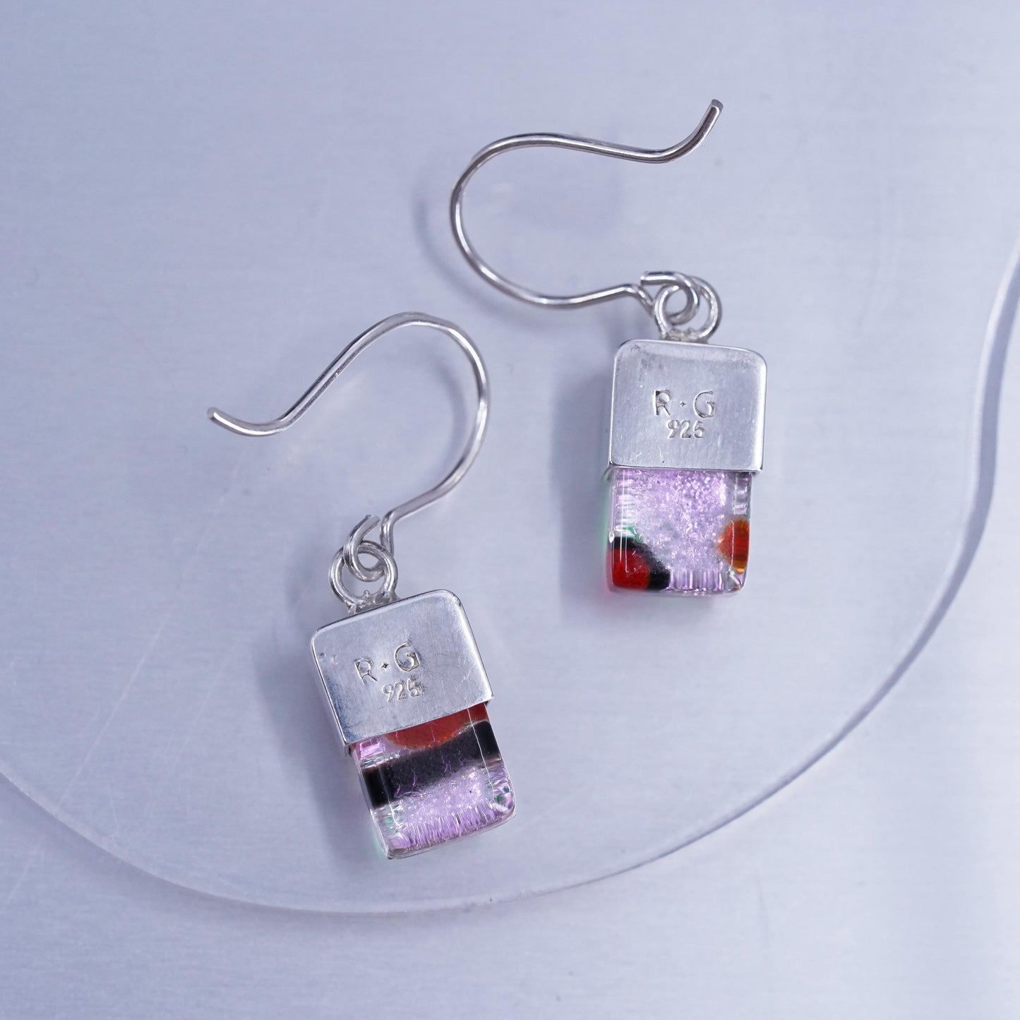 Vintage RG Sterling 925 silver handmade earrings with pink Dichroic Glass