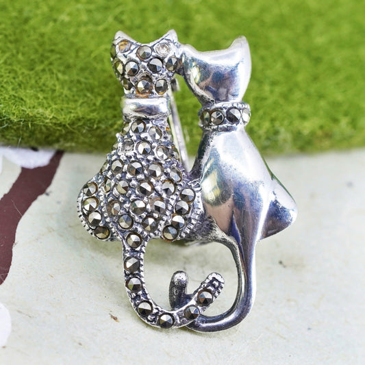 Vintage sterling silver handmade brooch, 925 cuddling cats with marcasite, cute