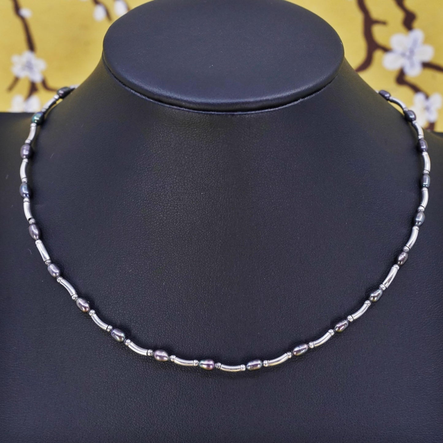 14+2”, handmade sterling silver 925 necklace, tube chain with black pearl beads