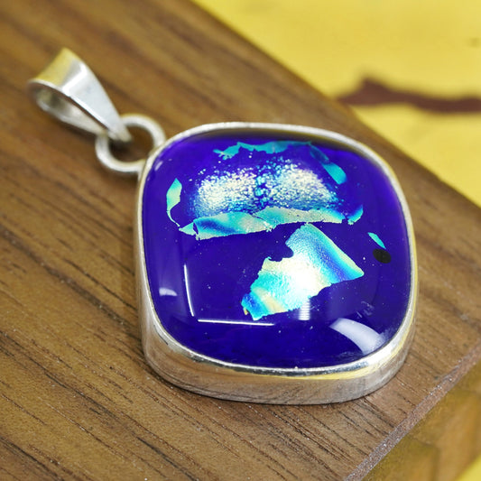 Vintage My Thos Sterling silver 925 handmade pendant with blue Dichroic glass