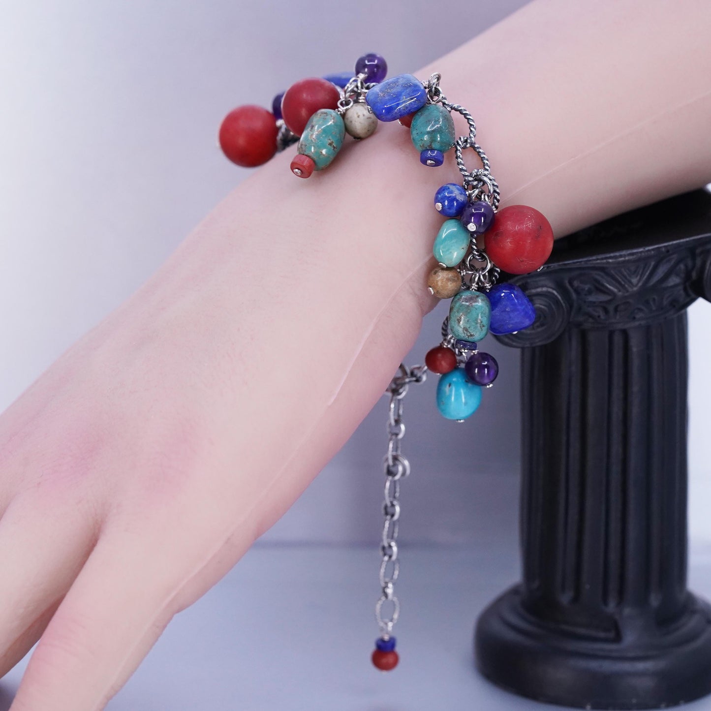 6.5+2”, Sterling 925 silver oval chain bracelet coral turquoise lapis beads