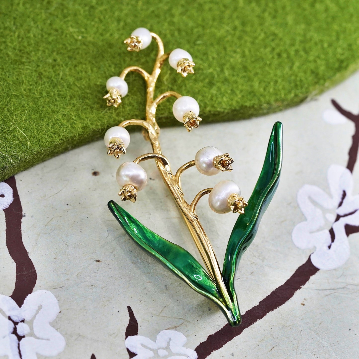 Lily of Valley Pearl Brooch, MMA FFB Sterling silver 925 vermeil Gold Enamel