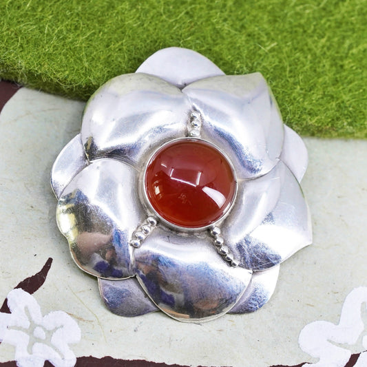 Vintage sterling silver handmade brooch, 925 flower with carnelian