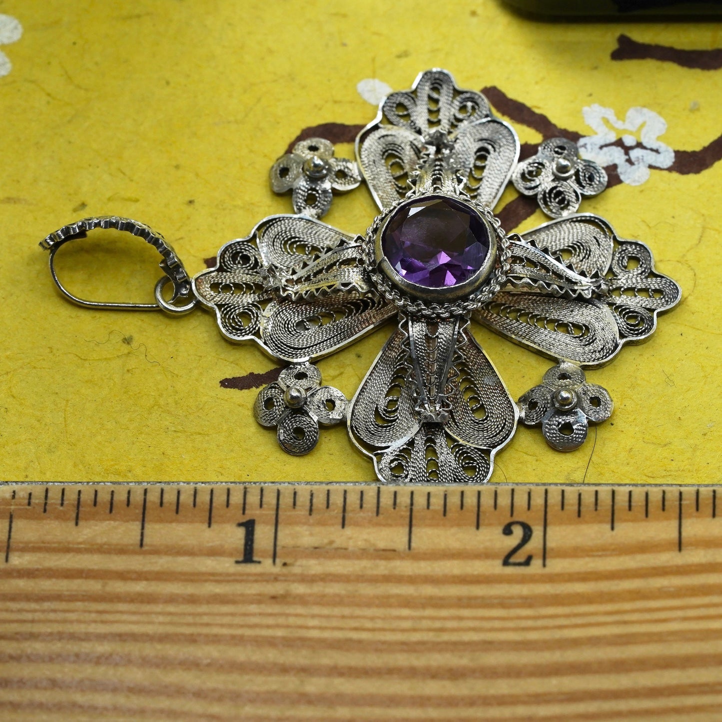 Sterling silver handmade pendant, 925 Jerusalem filigree cross with amethyst