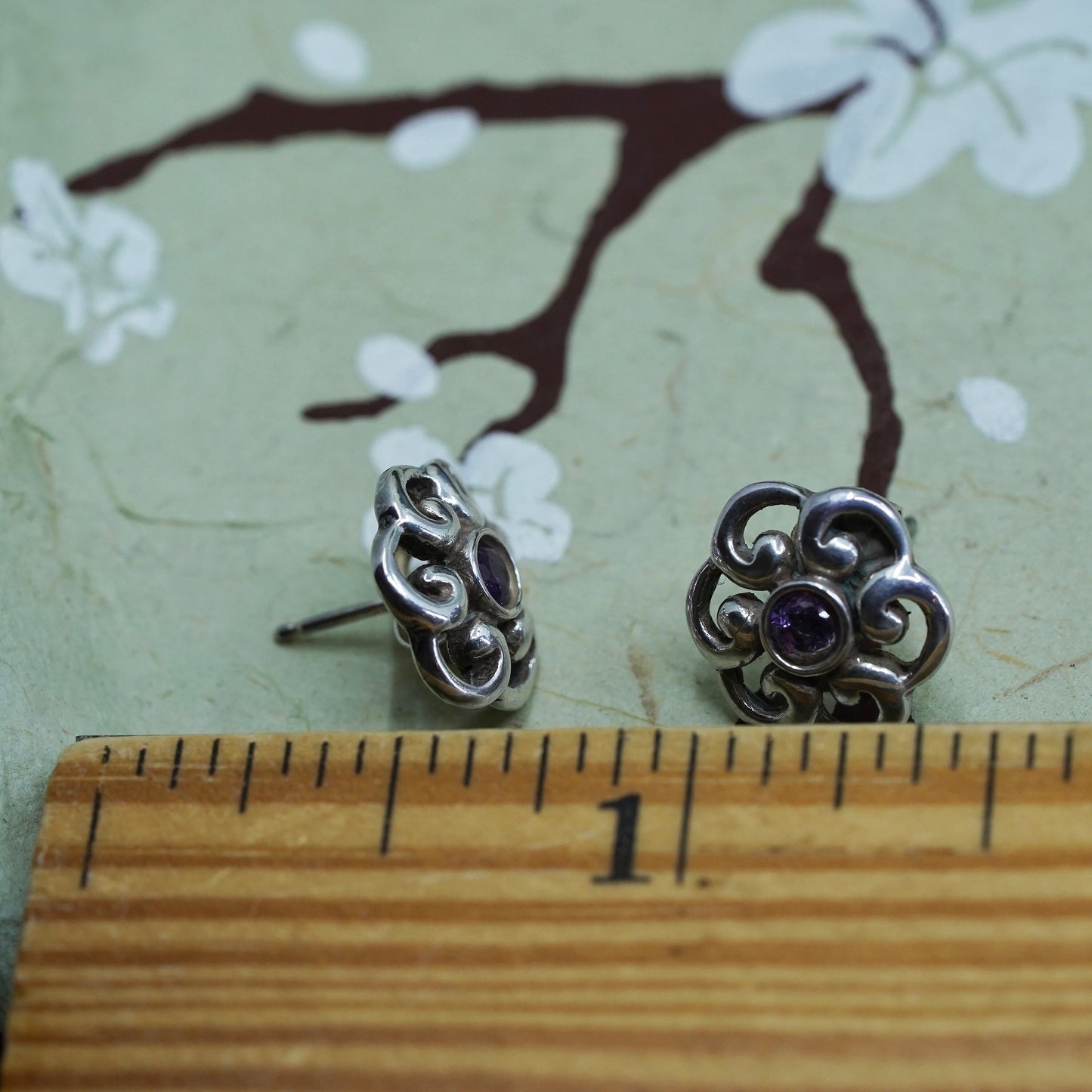 Vintage Sterling silver handmade earrings, 925 flower studs with amethyst