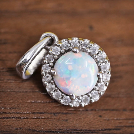 Vintage Sterling 925 silver handmade circle pendant with opal and cz