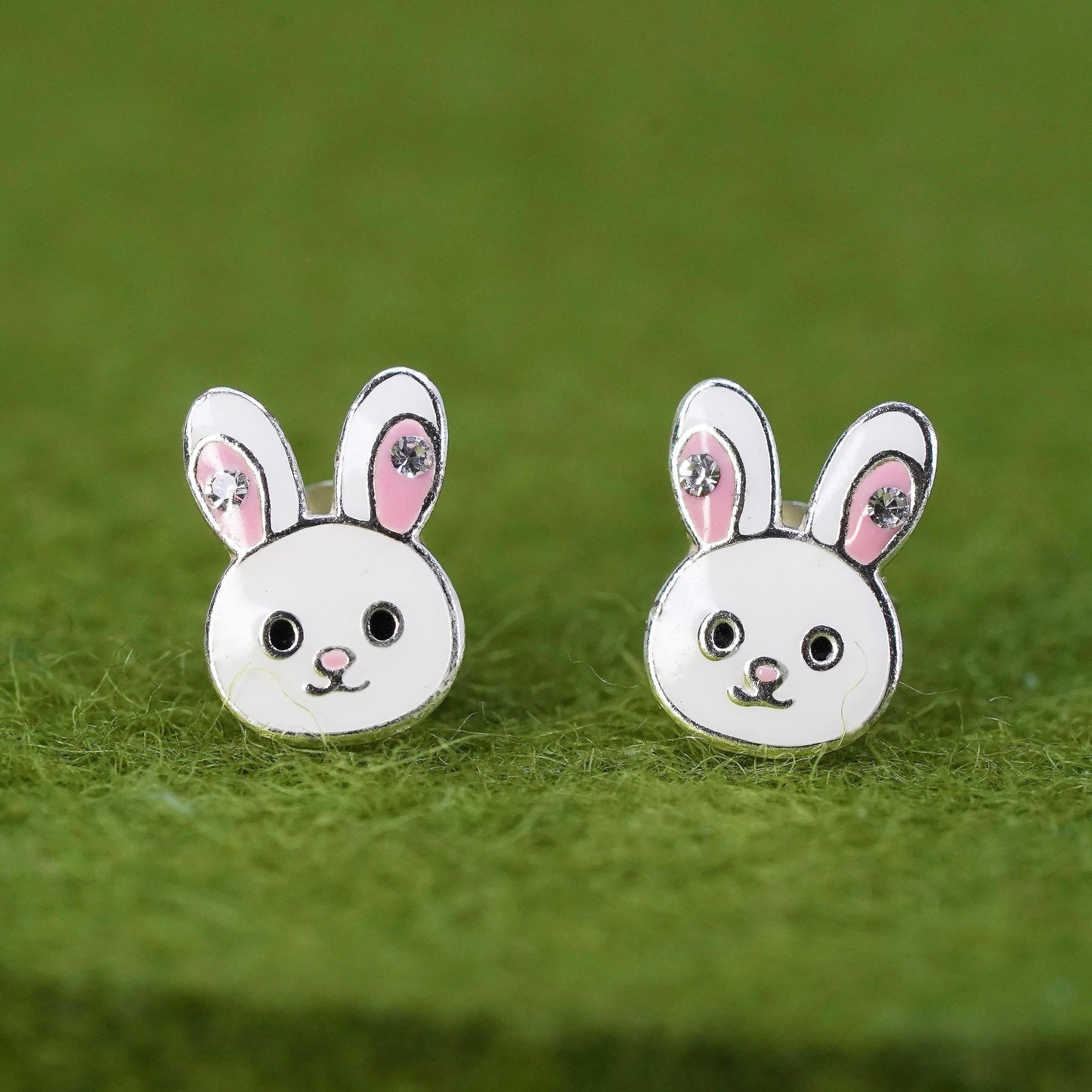 Vintage Sterling silver handmade earrings, 925 enamel bunny rabbit studs