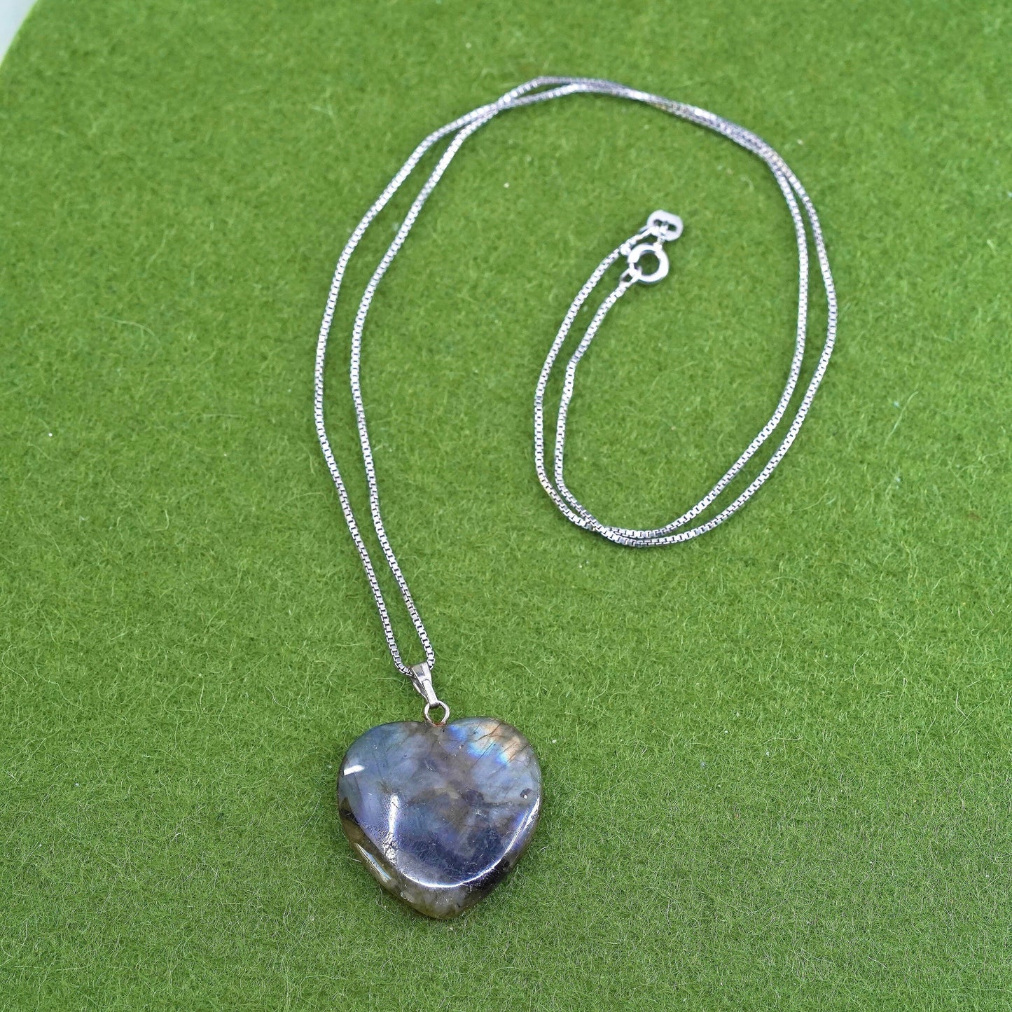 18", sterling silver handmade necklace, 925 box chain labradorite heart Pendant