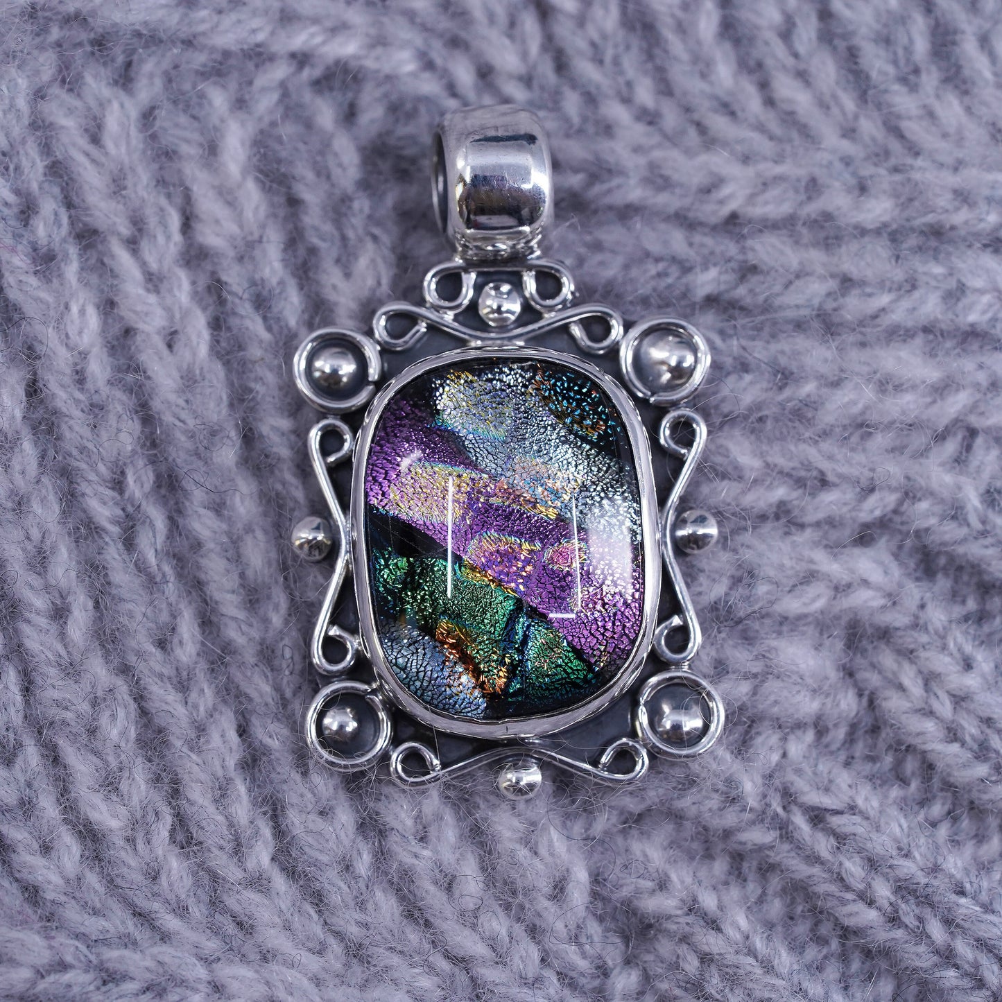 Vintage Mexican sterling 925 silver handmade pendant with dichroic glass