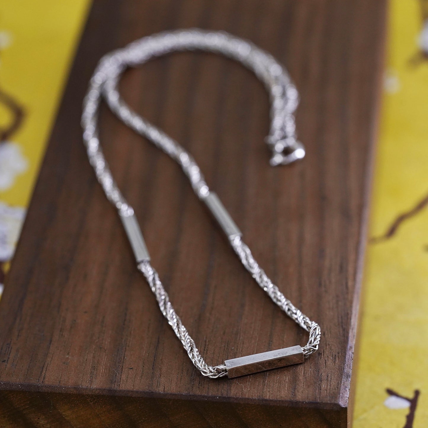 15” Sterling silver handmade necklace, 925 silver wheat chain with tube bar