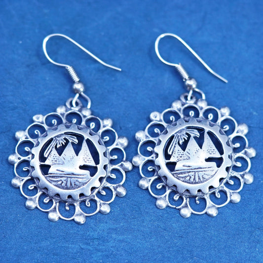 Vintage sterling silver handmade earrings, 925 pyramid embossed drops