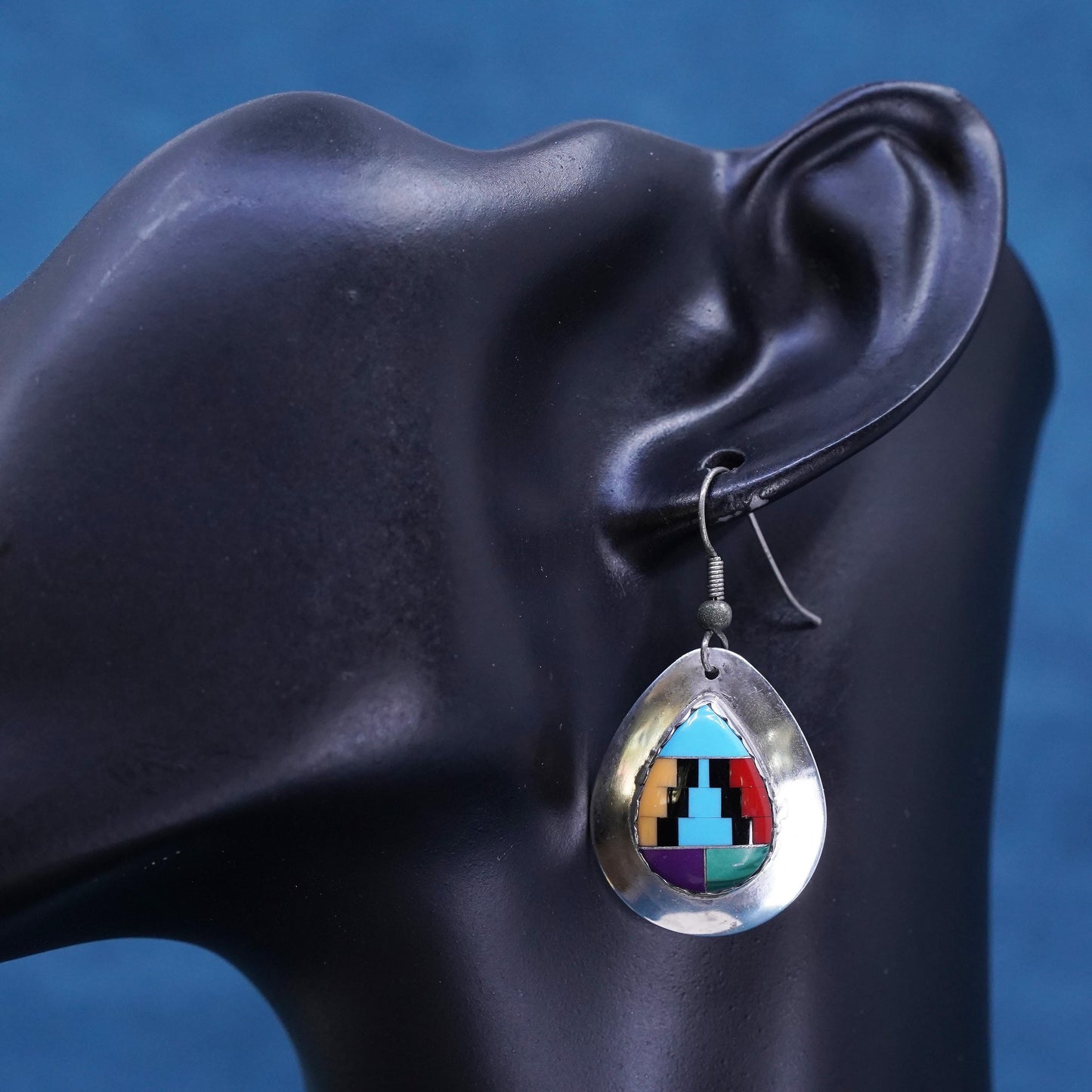 Vintage Native American sterling silver earrings, teardrop 925 drops turquoise