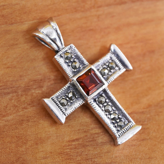 Vintage Sterling silver handmade pendant, 925 cross with ruby and marcasite