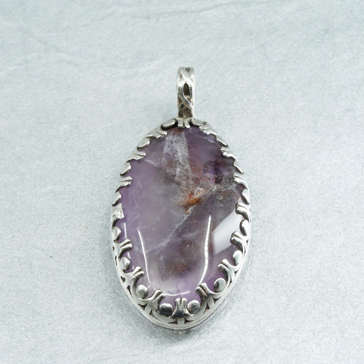 Vintage W fine silver 999 handmade oval pendant with amethyst