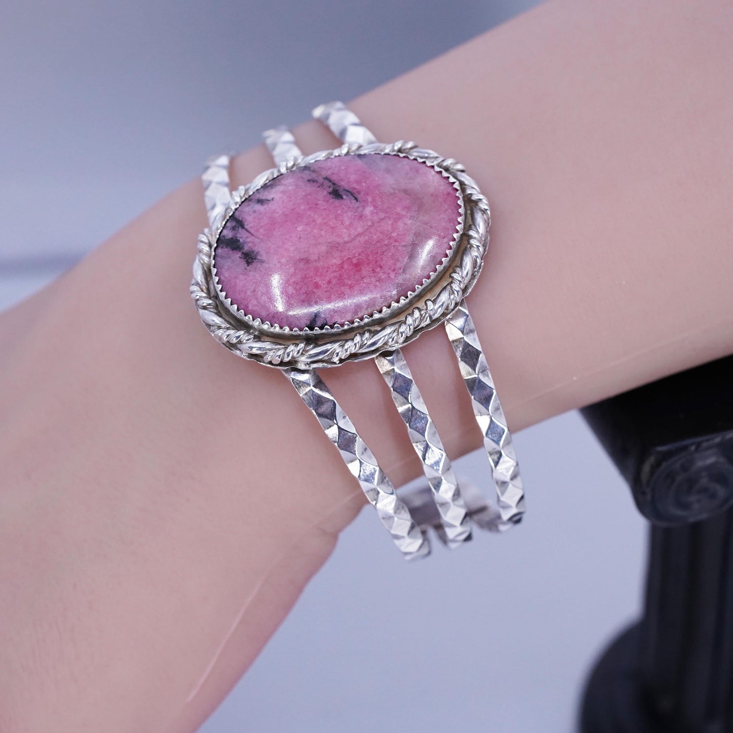 6.5”, Native American Sterling 925 silver wide bracelet, cuff oval rhodonite