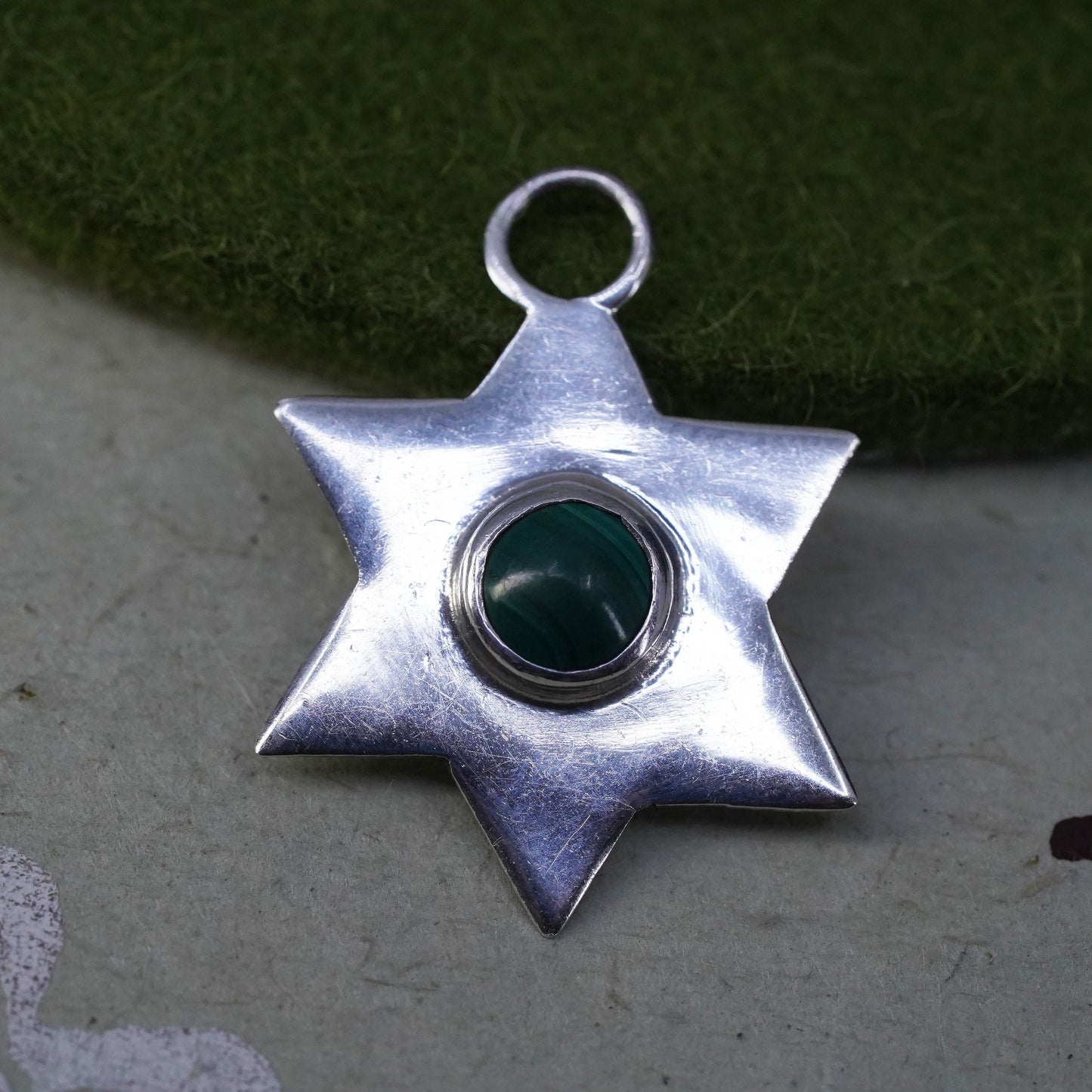 Vintage sterling silver handmade pendant, 925 hexagram with malachite inlay