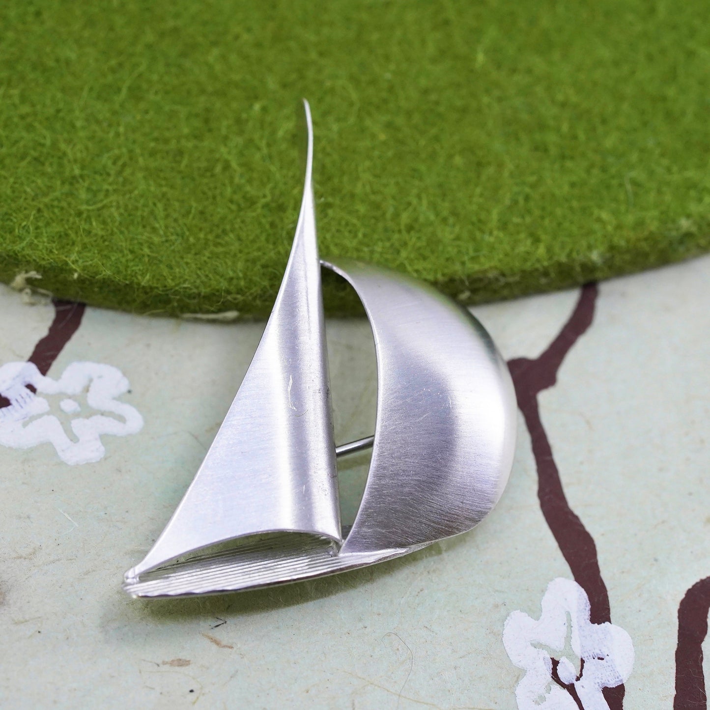 Vintage sterling silver handmade pin, matte 925 sailing boat brooch