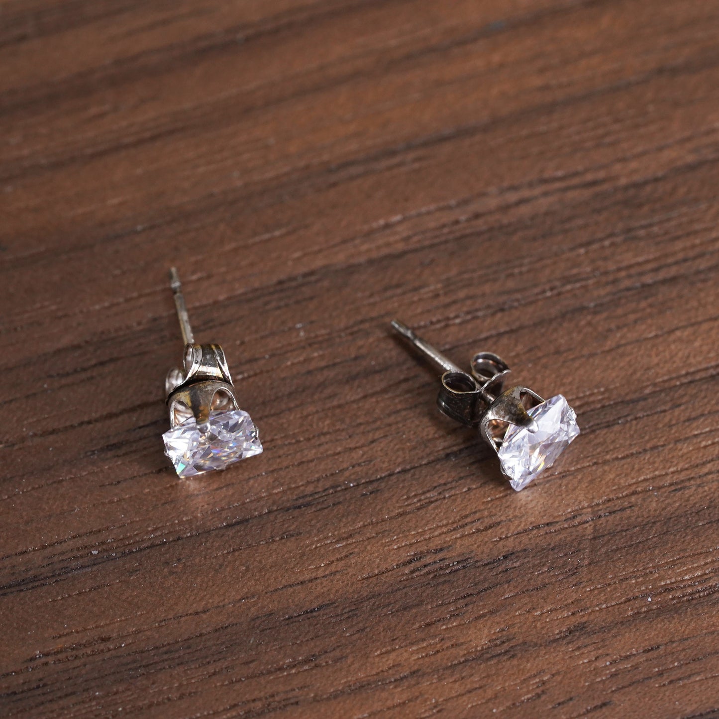 4mm, Vintage Sterling 925 silver clear cz studs, square earrings