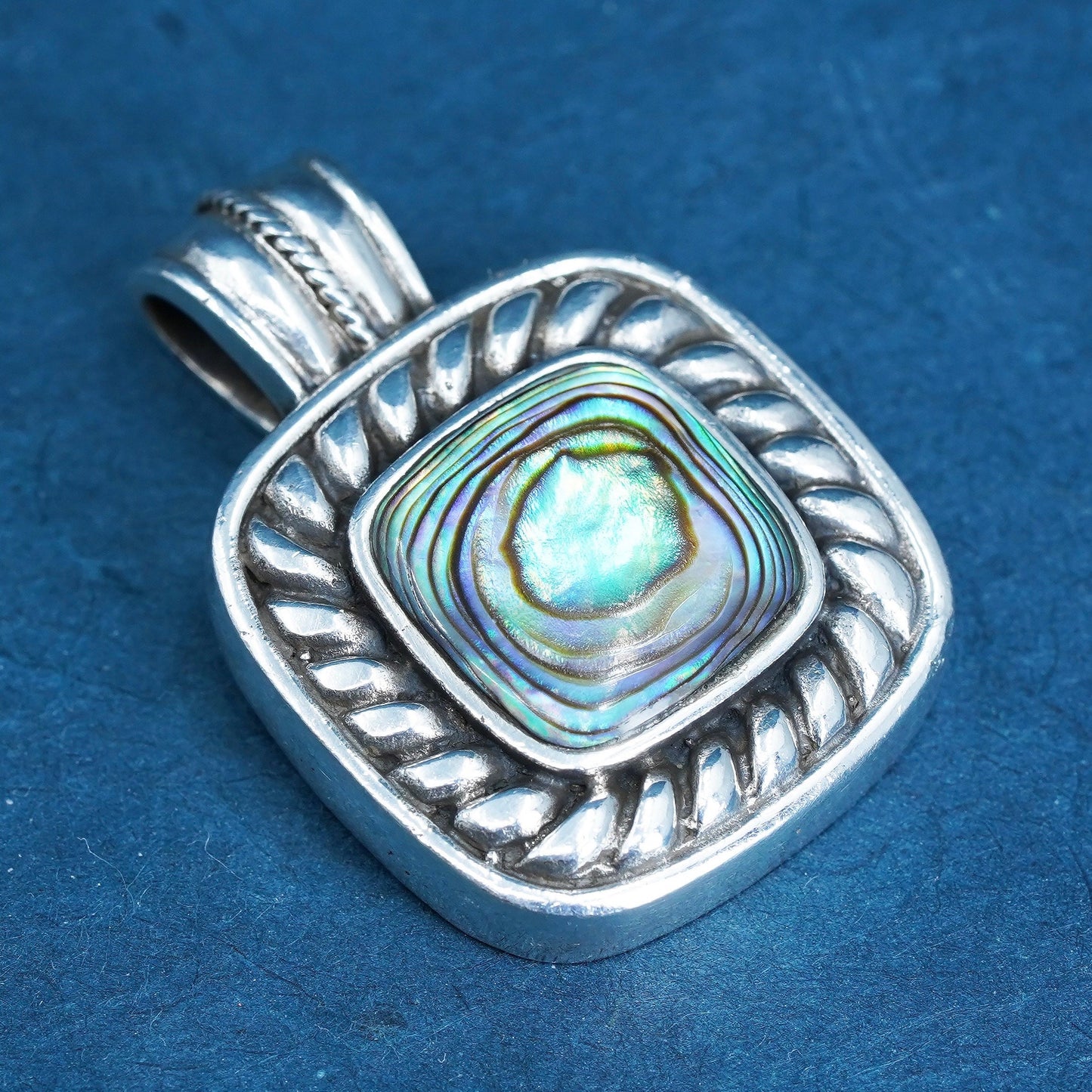 Vintage Sterling 925 silver handmade square pendant with abalone and cable