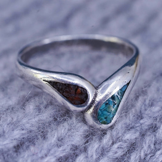 Size 5, Native American sterling silver ring, 925 band with turquoise coral