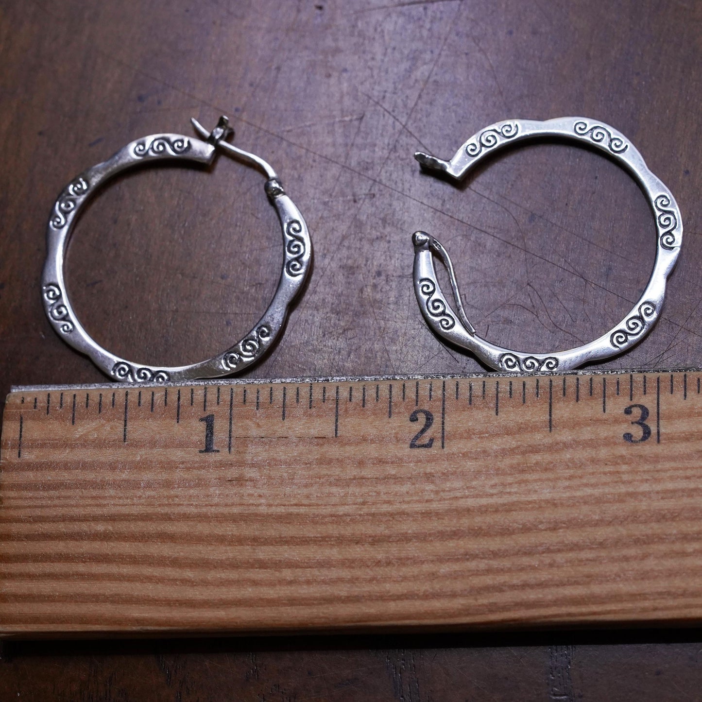 1.25”, Vintage Sterling silver handmade earrings, wavy 925 hoops Huggie