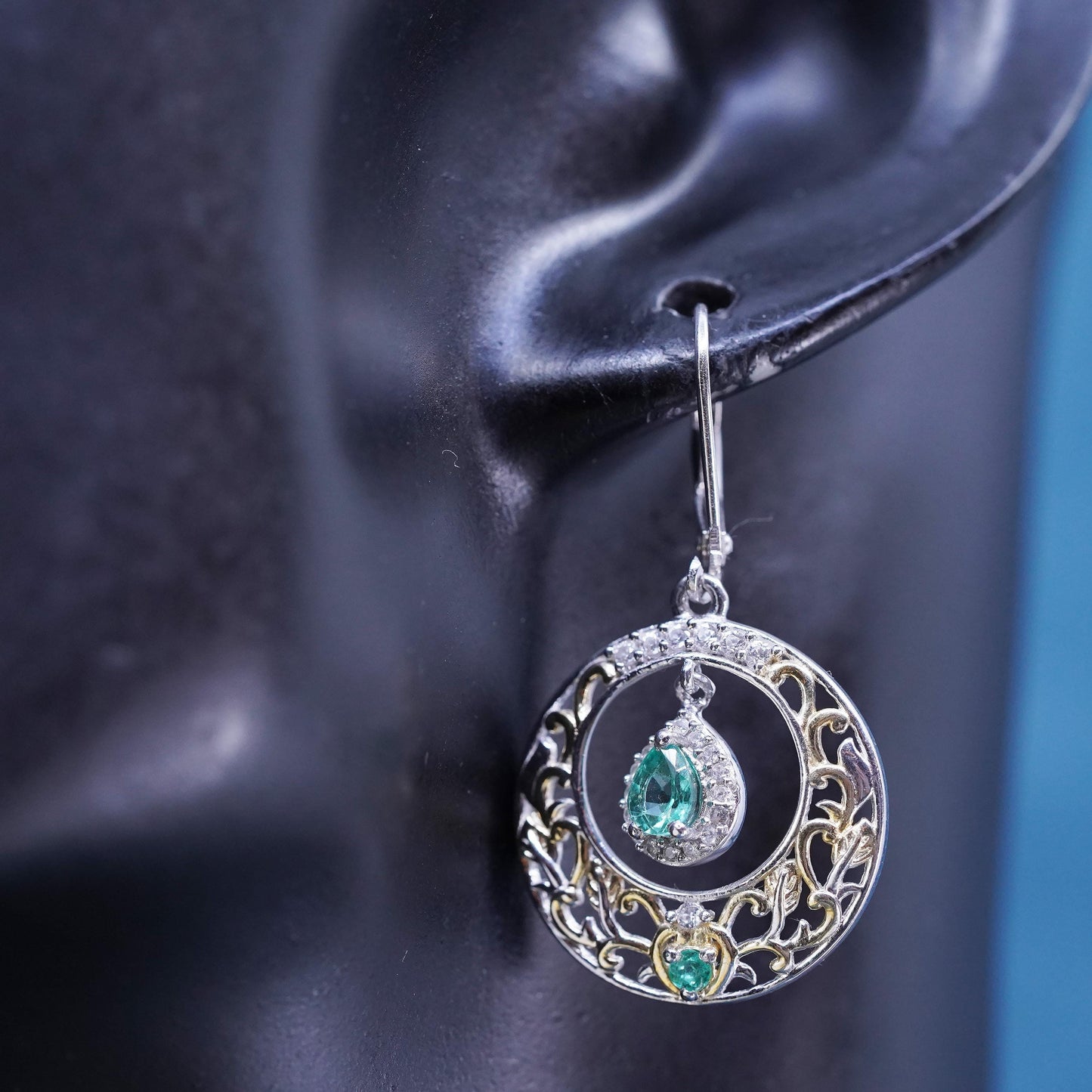 two tone Sterling silver handmade earrings, 925 filigree circle with blue topaz