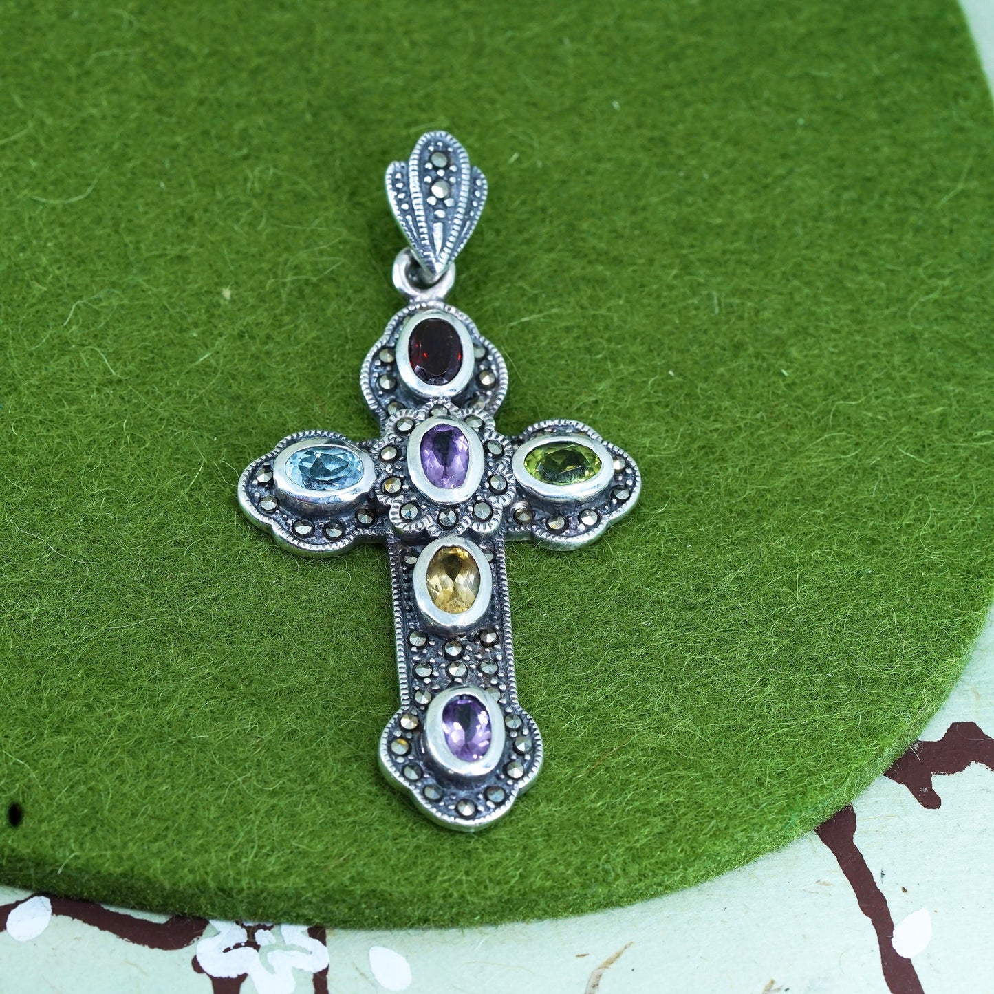 Sterling silver pendant, 925 cross with amethyst ruby topaz citrine marcasite