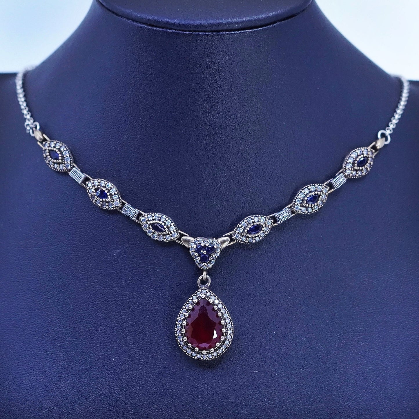 20”, two tone Sterling 925 silver necklace teardrop ruby pendant sapphire