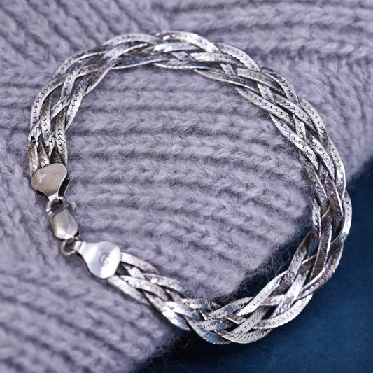 7", 8mm, vintage Sterling silver bracelet, textured 925 herringbone woven chain